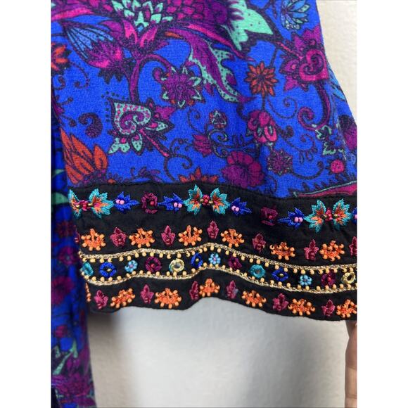 Soft Surroundings Womens 2x BoHo Top Tamuri Tunic Blue Floral Beaded Blouse XXL - Picture 5 of 14